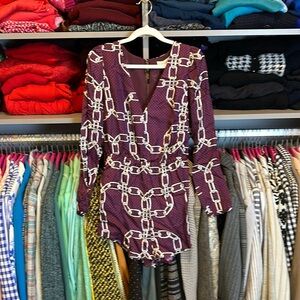 Lenon purple/blue polka dot/gray chain long sleeve v neck romper size XS NWT